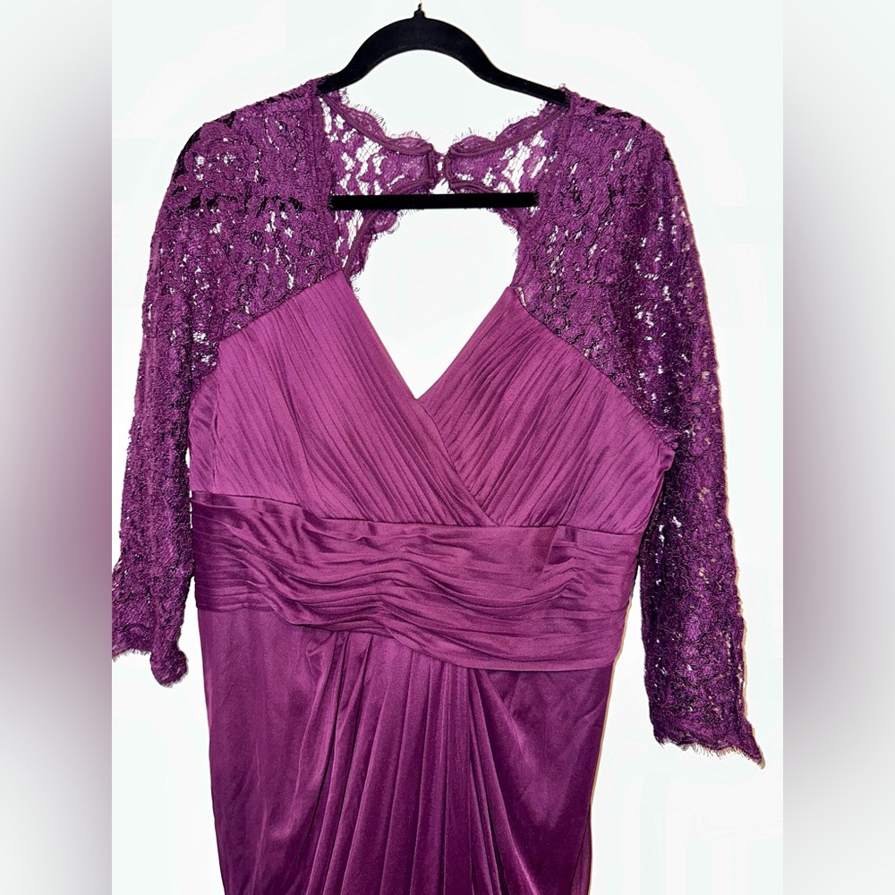 Adrianna Papell Dress Dark Purple Maxi Gown with Lace Sleeves